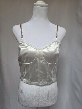 SHEIN White Satin Corset Cami Top Gold Chain Straps Sweetheart Neck L